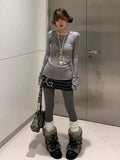 Kylethomasw Y2k Vintage Horse Print T-shirts for Women Gray Angel Print Tees Gothic Style Long Sleeve Tops Grunge Punk Alt Clothes
