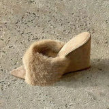 KYLETHOMASW  -  Plush Women's Autumn Slippers French Pointed Open-toed Fluffy Slippers Home Outdoors Fashion Wedge Shoes Women Heels Highquality