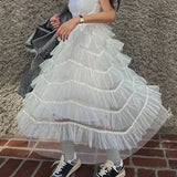 Kylethomasw   - Maxi Long Tulle White Skirts for Women Gothic Patchwork Ruffles Skirt Casual Party Fairycore Summer Jupe Longue 2024 Falda Mujer