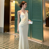 KYLETHOMASW  -  French Fashionable Elegant Satin Evening Gown Women's Backless V-neck Halter Camisole Long Dress Sexy Chic Banquet Gown