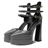 KYLETHOMASW  -  Red Black Patent Leather Pointed-Toe Platform Pumps Multi-Strap Design Gold Buckles Chunky Block Heel Elegant Looks for Women