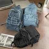 KYLETHOMASW  -  Lace-up Bow Denim Mochila Large Capaci School Bag Spacious Durable Mochilas Mujer Classical Bolsos Backpack Bolsas Feminina