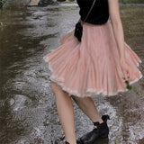KYLETHOMASW  -  Versatile Summer Pink A-Line Skirt Women High Waist Party Flared Mini Skirt Casual White Lace Trim Boho Skirt 279A