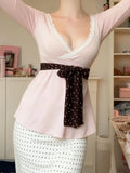 KYLETHOMASW  -  French Sweet Lace Patchwork Polka Dot Bow Slim V Neck Long Sleeve Solid T-Shirts