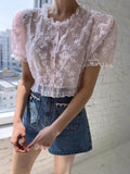 KYLETHOMASW  -  Retro Style Three-dimensional Lace Short Shirt Women Summer New Design Niche Bubble Sleeve Elegant Top