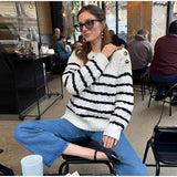 KYLETHOMASW  -  Casual Striped Women Sweater Fashion Long Lantern Sleeve Button O-neck Female Pullover 2025 Spring Autumn Chic Lady Knitwear