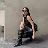 KYLETHOMASW  -  Women's Long Boots Knee High Round Toe Low Block Heel Leather Look Slip on Western Style Casual Footwear Boots Women Detail 123