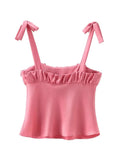 Kylethomasw Summer Women Cropped Camisole Elegant Pink Lace Up Ruched Decorate Sexy Sleeveless Tops Female Backless Slim Fit Top