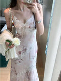 KYLETHOMASW  -  Summer Sweet and Sexy Bodycon Lace Dress for Women V Neck Asymmetrical Hem Slim Fit Spaghetti Strap Tea Dress Y2K Hot Girl Style