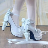 KYLETHOMASW  -  Original Egg Tart Heart High Heel Lolita Shoes with  Knot Silk Ribbon and Unique Shape Heel for Women