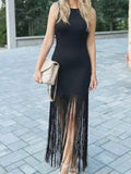 KYLETHOMASW  -  Sexy Solid O-Neck Sleeveless Backless Hollow Out Tassel Maxi Dress Women Summer Bodycon Zipper Long Dress Club Beach