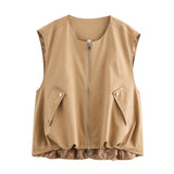 KYLETHOMASW  -  Autumn Women O Neck Front Zipper Loose Casual Vest Vintage Solid Sleeveless Outerwear