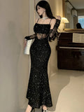 KYLETHOMASW  -  Sexy Sequins Black Womens Dresses Elegant Spaghetti Strap Hollow Out Bodycon Party Dress Summer Slim Waist Vestidos Female Robe