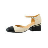 KYLETHOMASW  -  Women Sheepskin Leather Pumps Pearls Chunky Heels Shoes Brand Designer Two Tone Buckle Pumps Wedding Party Dressy Shoes