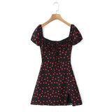 KYLETHOMASW  -  French Retro Black Print Bow Square Collar Short Elastic Puff Dress Women Zipper Back Slim Waist Slit Hem Mini Dresses Robe Blue