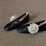 KYLETHOMASW  -  Women's Brown Leather Mary Jane Flats Square Toe Elastic Strap Flower Decoration  Casual Shoes Stylish Spring/Summer Footwear