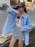 KYLETHOMASW  -  Casual Printed Chic Blue Shirts Women Autumn 2024 Daily Mujer New Loose High Street Full Sleeve Office Lady Coats