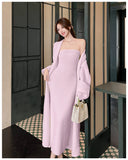 KYLETHOMASW  -  Women's Dresses Sets Solid V-Neck Long Cardigan+Waist Retraction Strapless Dress Sexy Elegant Knitted Two-Pieces Lady's Clothing