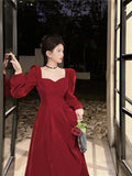 KYLETHOMASW  -  Vintage Elegant Velvet Long Dress for Woman Autumn New Square Collar Puff Sleeves A Line Party Dresses Party Evening Vestidos
