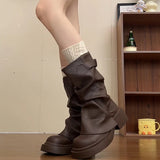 KYLETHOMASW  -  Autumn Vintage Thick Bottom Woman Knight Boot Fashion Belt Buckle Ladies Concise Slip On Short Booties