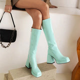 KIylethomasw Mint Green White Women Patent Leather Knee High Boots Square High Heels Waterproof Platform Ladies Sexy Party Fetish Shoes 42 43