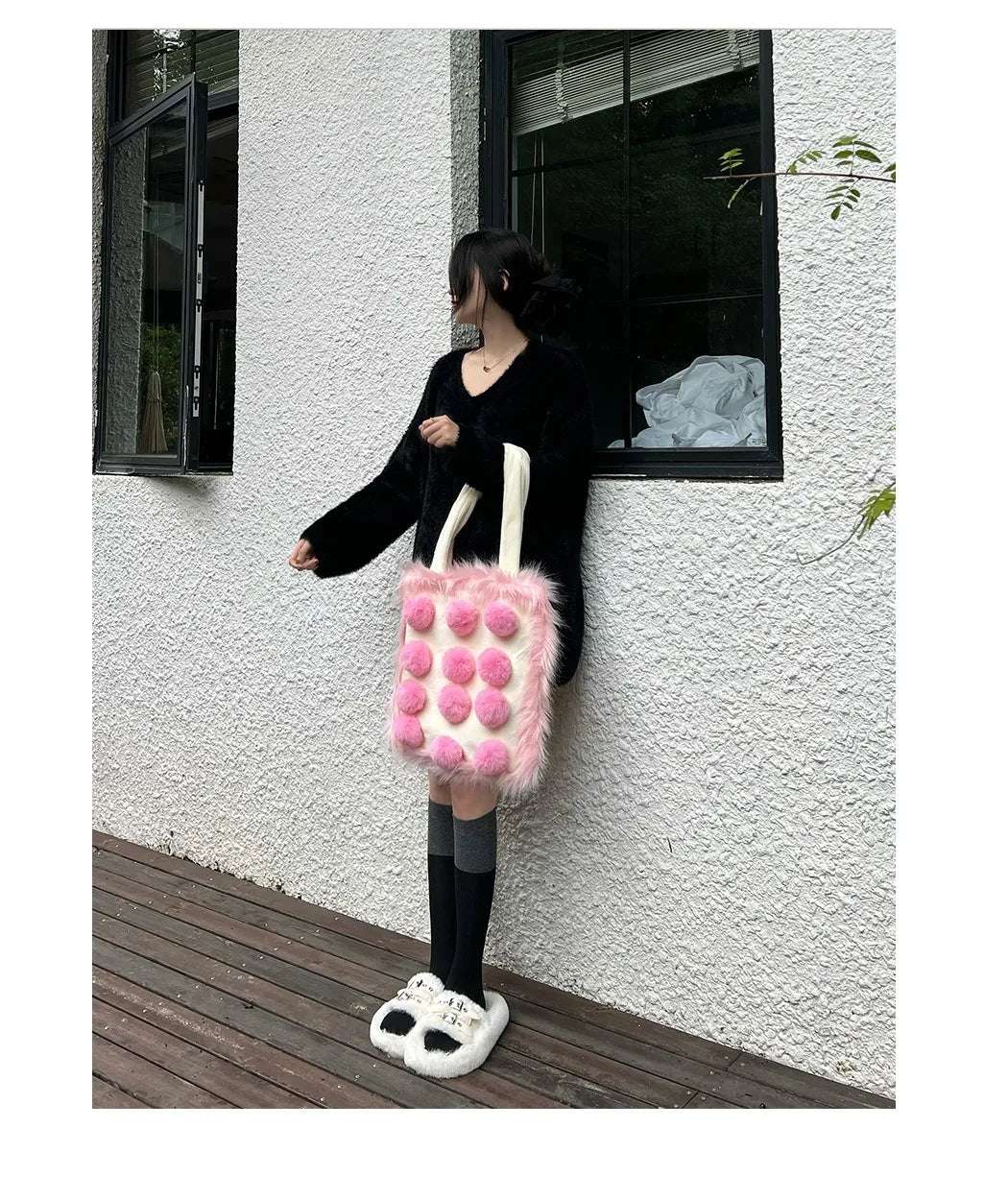 Kylethomasw New Cute Contrast Color Plush Ball Aesthetic Shoulder Bag Korean Y2k High-capacity Tote Bag Fashion Trendy Shopping Handbag