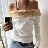 KYLETHOMASW  -  New fur spliced one neck slim embroidered T-shirt for sexy and slim women, backless sweatshirt