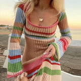 KYLETHOMASW  -  Beach Style Off Shoulder Crochet Maxi Dress Elegant Women Vintage Patchwork Long Sleeve Hollow Out Knitted Bodycon Dress Y2K