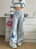 Kylethomasw Blue Jeans Plus Size Women Y2k Fashion Loose Butterfly Patchwork Causal High Waist Denim Pants Streetwear Retro Bottoms