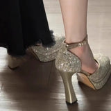 KYLETHOMASW  -  Gradient Bling Color Women Pumps Chunky Round Fashion Platform Shallow Bling Belt Buckle Shoes Spring Sequin High Heels