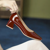 KYLETHOMASW  -  Solid Japanned Leather Pumps Woman Block High Heels Shoes OL Ladies Dress Work Escarpins Femmes Designer Luxury Tacones Mujer