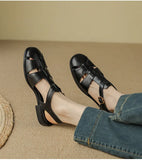 KYLETHOMASW  -  Sandals Women Low Thick Heel Genuine Leather Hook and Loop Back Strap Casual Sandals Summer Solid Color Shoes Fashion New