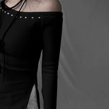 KYLETHOMASW  -  Splicing diagonal collar long sleeved T-shirt with asymmetrical slit design, slimming top for spicy girls