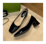 KYLETHOMASW  -  Solid Japanned Leather Pumps Woman Block High Heels Shoes OL Ladies Dress Work Escarpins Femmes Designer Luxury Tacones Mujer
