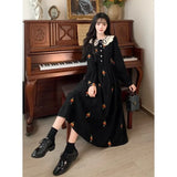 KYLETHOMASW  -  Sweet Hot Girl Embroidery Lace Turn-down Collar Long Dress Women's Autumn/winter Black Corduroy Dress Fashion Female Clothes