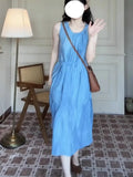 KYLETHOMASW  -  Blue Sleeveless Strap Dress Children Wear 2025 New Summer French Style Seaside Vacation Vest Long Dress Loose Elegant