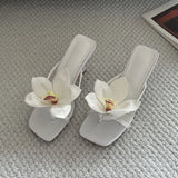KYLETHOMASW  -  New Fashion Flower Women Thin Heels Pumps Slides Shoes Female Flip flops Square Toe Ladies Heeled Sandals Shoes Big Size 43