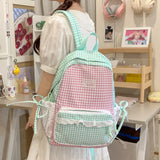 KYLETHOMASW  -  Cute Patchwork Student Book Backpack Ladies Lace Bow Decor Multi Pocket Daily Travel Shoulder Bag Women Fashion Back Packs