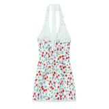 KYLETHOMASW  -  Spring and Summer New Product French Cherry Printing V-neck Lace Splicing Neck Strap Connection