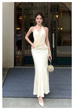 KYLETHOMASW  -  French Fashionable Elegant Satin Evening Gown Women's Backless V-neck Halter Camisole Long Dress Sexy Chic Banquet Gown