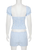 KYLETHOMASW  -  French Casual Suit Women's Summer Blue Striped Off Shoulder Top Low Waist Shorts Two-piece Set Fashion Female Clothes