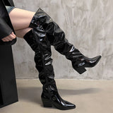 KYLETHOMASW  -  Vintage Winter Pleated Women Over The Knee High Boots Fashion Slip On Long Booties Autumn Thick Heel Ladies Shoes