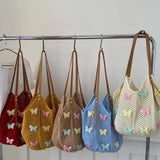 KYLETHOMASW  -  Cute Hollow Out Butterfly Knitting Bag Beach Handbag Tote Bag Beach Bag Large Capacity Bohemian Style Hollow Shoulder Bag Travel