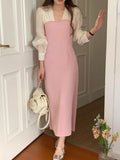 KYLETHOMASW  -  Korean Chic French Fake Two Piece Contrast Color Long Sleeve Slim Waist Lace-up Dresses