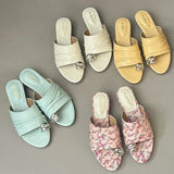 KYLETHOMASW  -  New Summer Wedges Slippers Women Metal Buckle Fashion Fashion Sandals Ladies Comfort Low Heel Leopard Flip Flops Female Slides