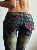 KYLETHOMASW  -  American Spice Girl Subculture Old Micro-pull Jeans Children Retro Design Sense Heavy Industry Embroidery Low-rise Floor Pants