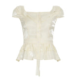 KYLETHOMASW  -  Peter Pan Collar Tiered A-line Blouse Sweet Slimming Back Tie-up Bow Shirts Chic Fashion Short Sleeve Top Ladies Summer