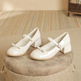 KYLETHOMASW  -  New Designer Round toe bowtie mary janes pumps women thick high heels lolita shoes ankle strap japanned leather talons femmes