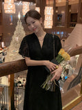 KYLETHOMASW  -  Ladies Dress Summer New Elegant Embroidered Hook Flower Lace Short Sleeve Waist Long Elegant Dresses