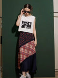 KYLETHOMASW  -  Autumn American Thin Skirt Vintage Plaid Floral Splicing Skirts for Woman A-line Skirt Harajuku Fashion Ropa De Mujer